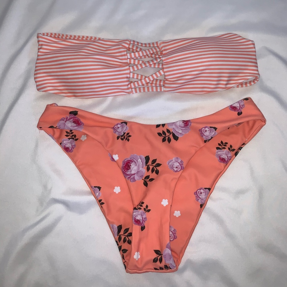 Striped bikini top with floral bottoms